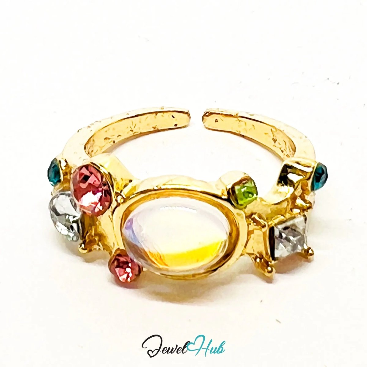 Gold - Plated Playful Ring – Fixed Size N | 2.65g AB Resin & Multicolour Gems in Whimsical Glow - JewelHub.co.uk