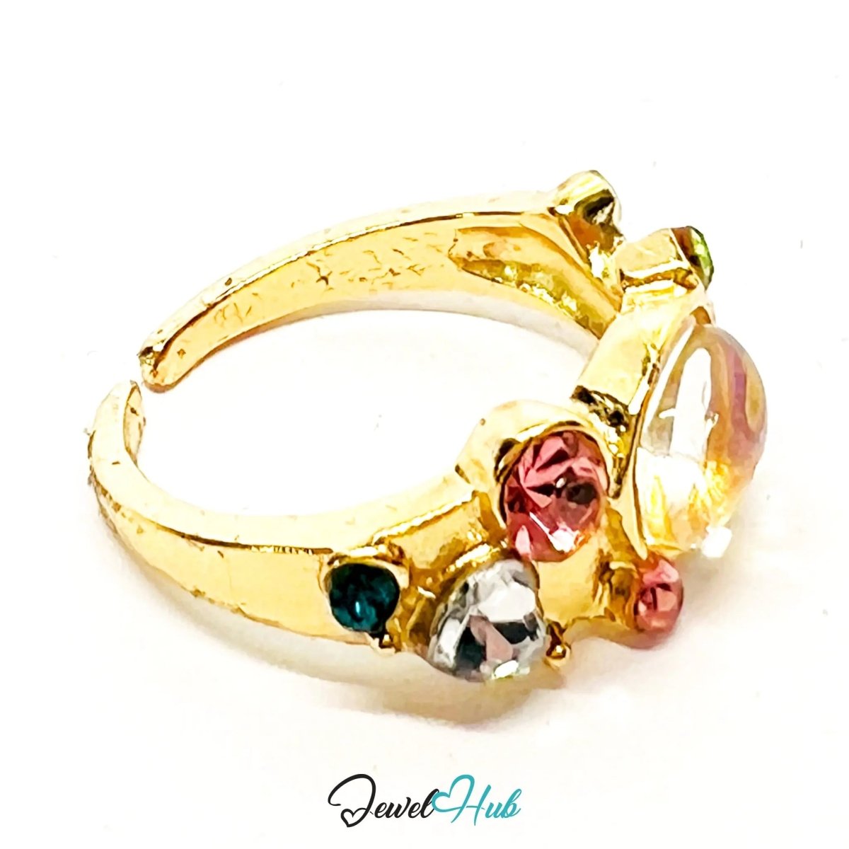 Gold - Plated Playful Ring – Fixed Size N | 2.65g AB Resin & Multicolour Gems in Whimsical Glow - JewelHub.co.uk