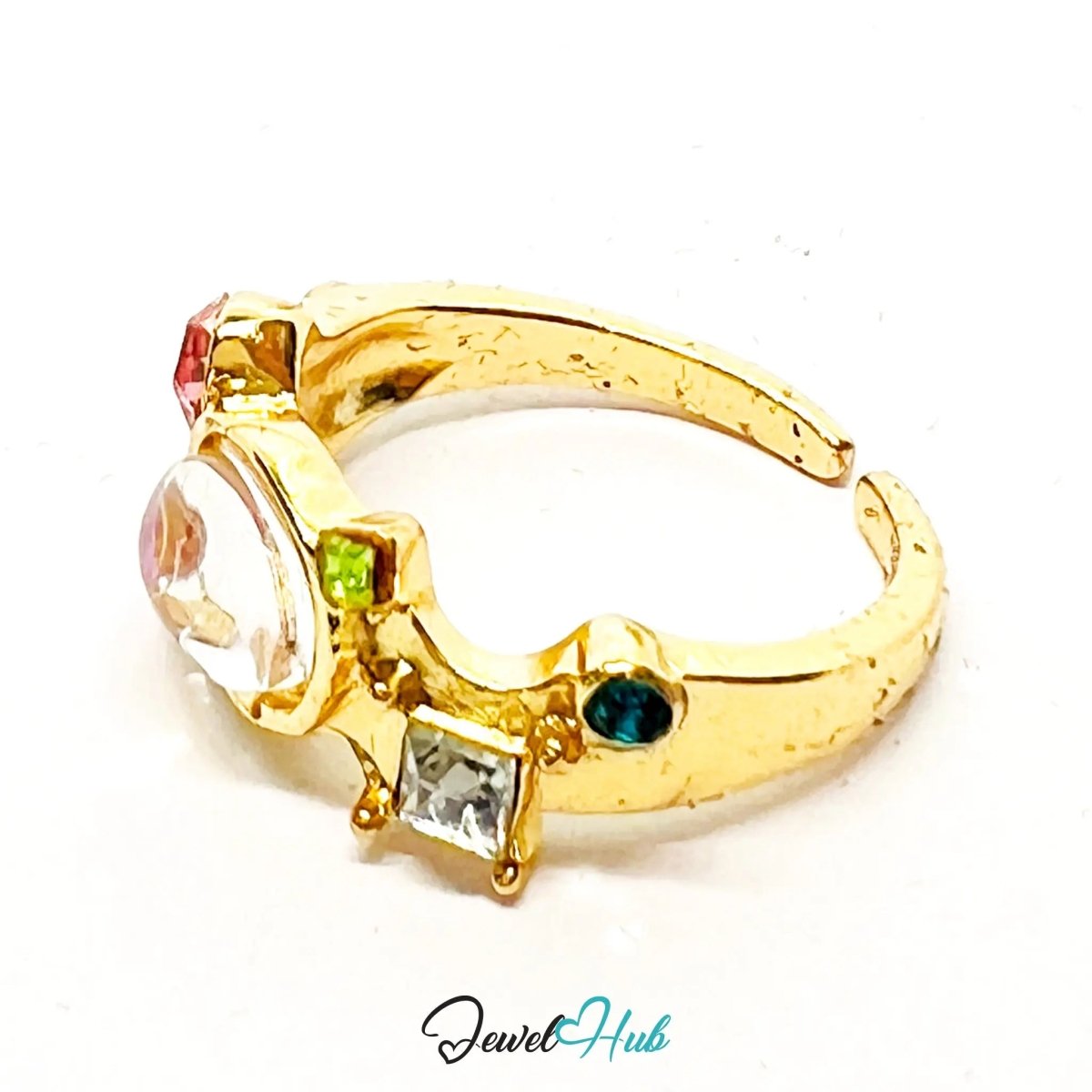 Gold - Plated Playful Ring – Fixed Size N | 2.65g AB Resin & Multicolour Gems in Whimsical Glow - JewelHub.co.uk