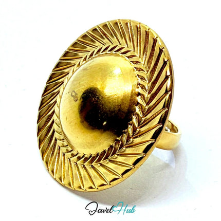 Gold - Plated Radiant Dome Zinc Alloy Ring – Adjustable Statement Design | Size J–L - JewelHub.co.uk