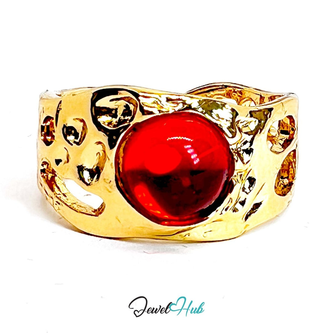 Gold - Plated Red Resin Ring – Open - End R - S | 4.00g Bold Sculptural Band - JewelHub.co.uk