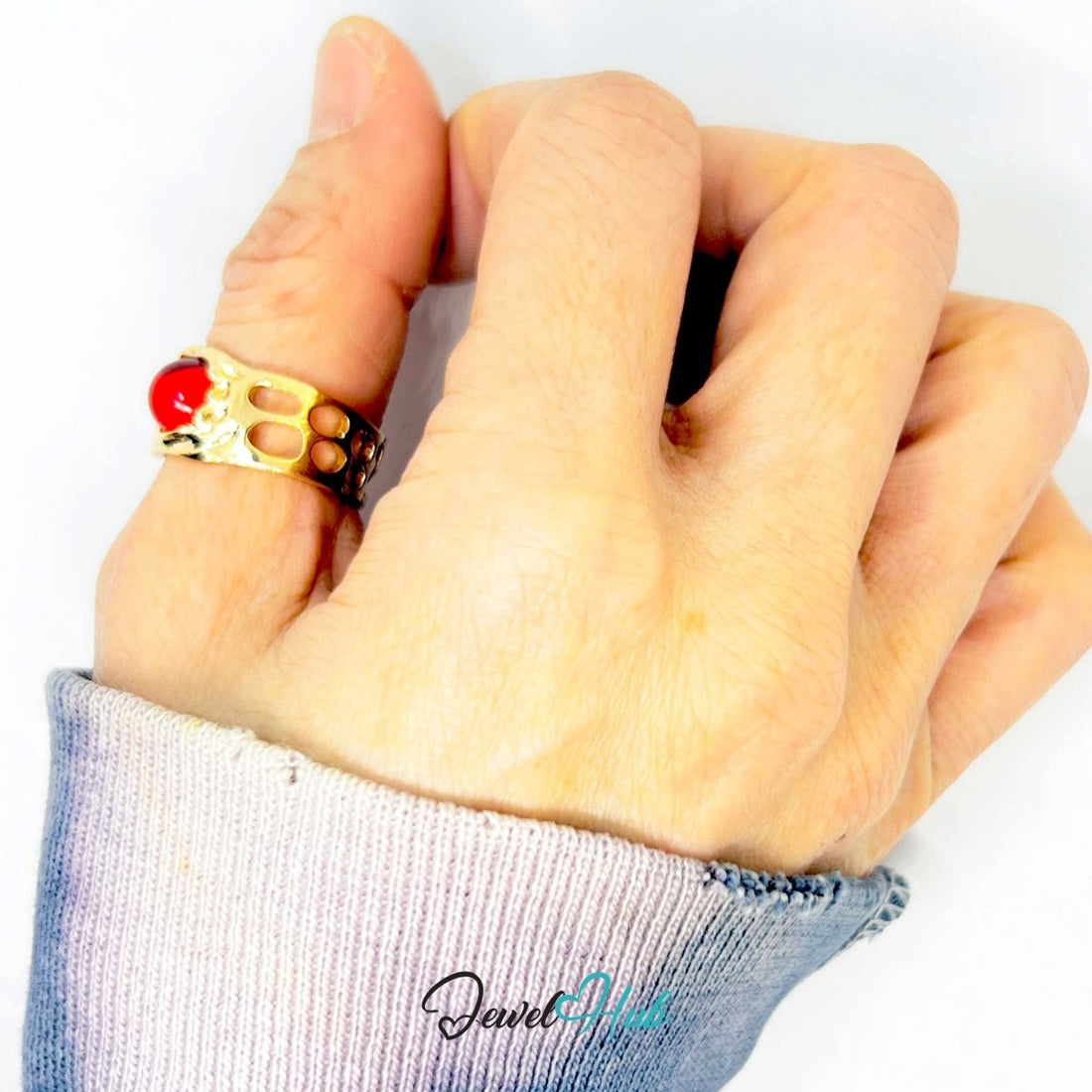Gold - Plated Red Resin Ring – Open - End R - S | 4.00g Bold Sculptural Band - JewelHub.co.uk