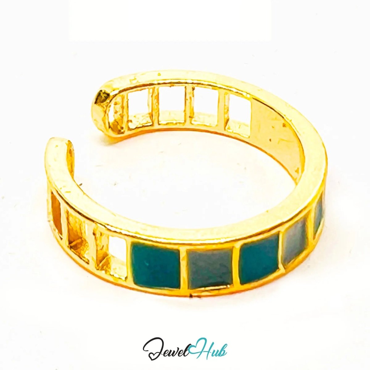 Gold - Plated Resin Ring – Adjustable M–O | 1.75g Dull Blue Inlay with Sculptural Spacing - JewelHub.co.uk