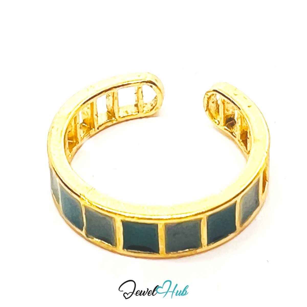 Gold - Plated Resin Ring – Adjustable M–O | 1.75g Dull Blue Inlay with Sculptural Spacing - JewelHub.co.uk
