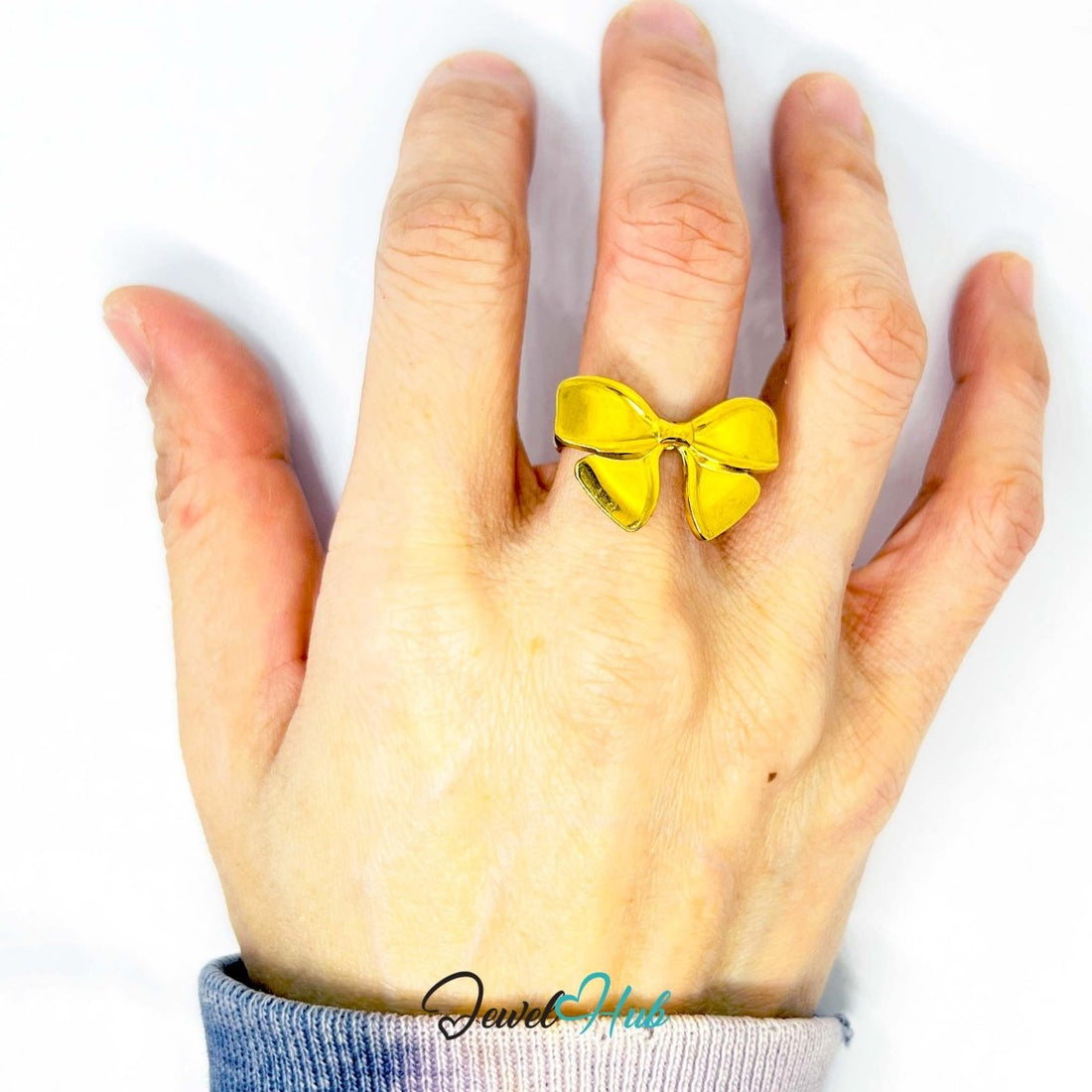 Gold - Plated Ribbon Bow Zinc Ring – Sculptural Accent with Adjustable Fit (UK N–P) - JewelHub.co.uk