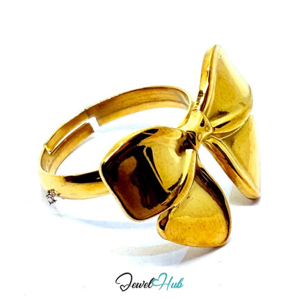 Gold - Plated Ribbon Bow Zinc Ring – Sculptural Accent with Adjustable Fit (UK N–P) - JewelHub.co.uk