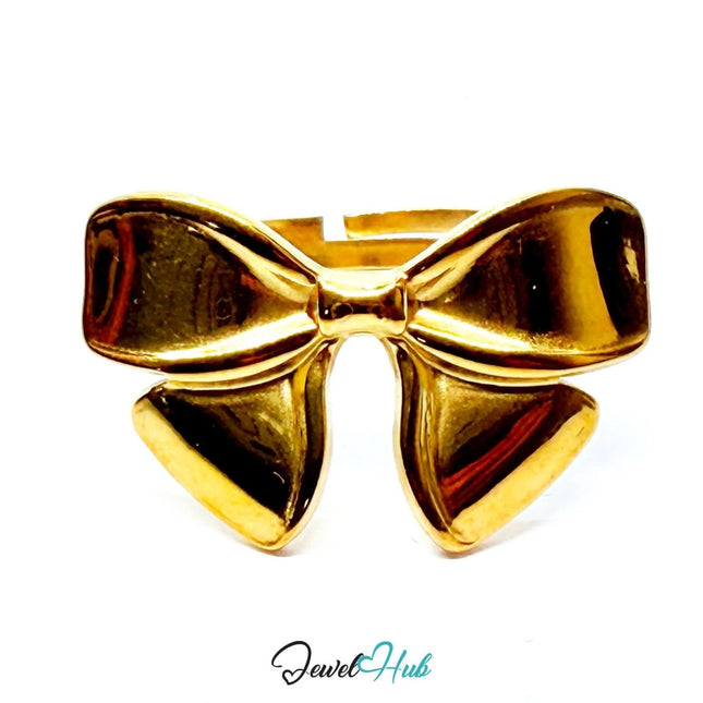 Gold - Plated Ribbon Bow Zinc Ring – Sculptural Accent with Adjustable Fit (UK N–P) - JewelHub.co.uk