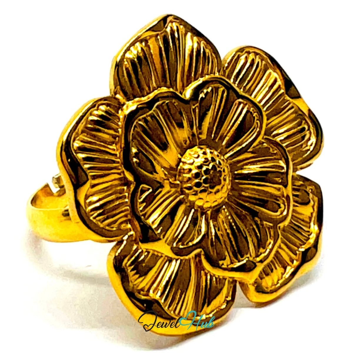 Gold Plated Ring 🌸 Bloomform Flower · Zinc Alloy · UK P · US 8 · Bold Botanical Statement - JewelHub.co.uk