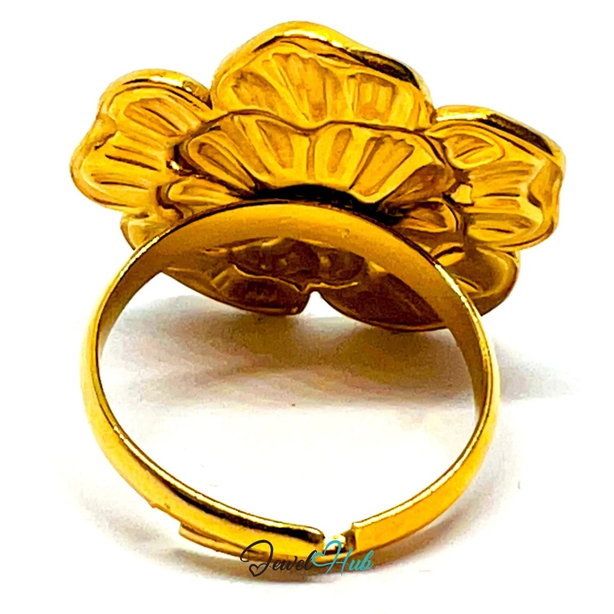 Gold Plated Ring 🌸 Bloomform Flower · Zinc Alloy · UK P · US 8 · Bold Botanical Statement - JewelHub.co.uk