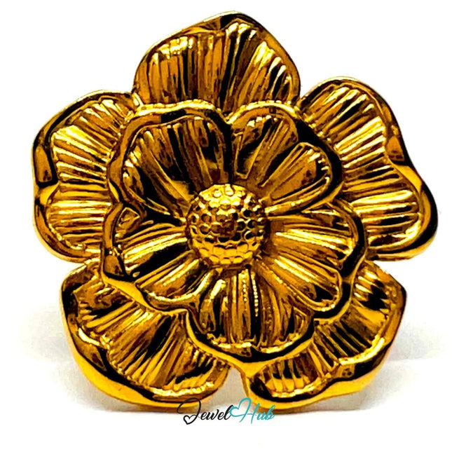 Gold Plated Ring 🌸 Bloomform Flower · Zinc Alloy · UK P · US 8 · Bold Botanical Statement - JewelHub.co.uk