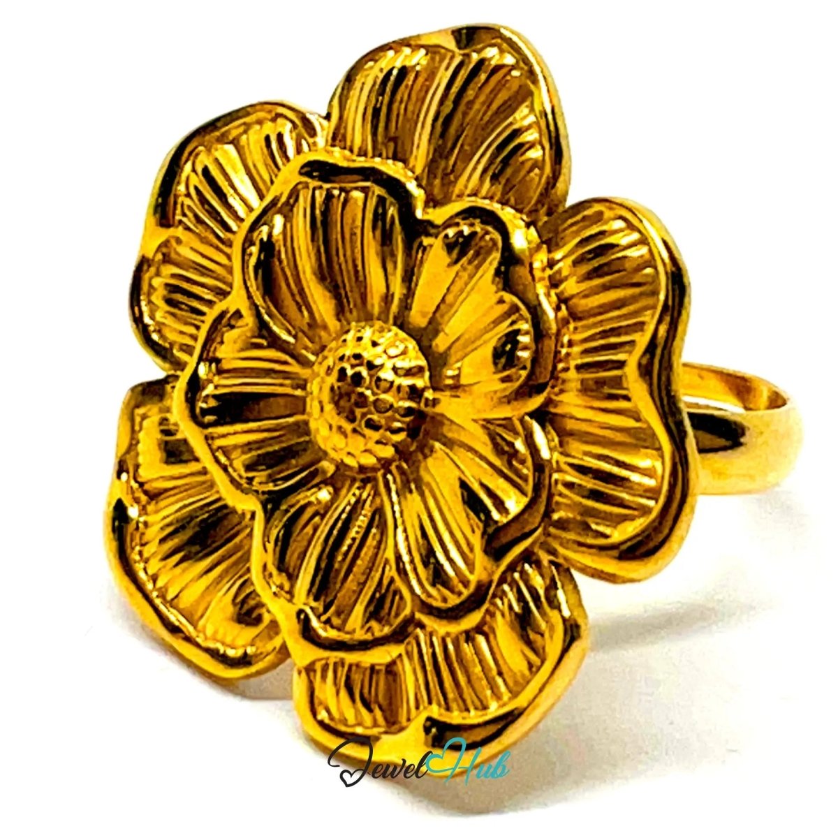 Gold Plated Ring 🌸 Bloomform Flower · Zinc Alloy · UK P · US 8 · Bold Botanical Statement - JewelHub.co.uk