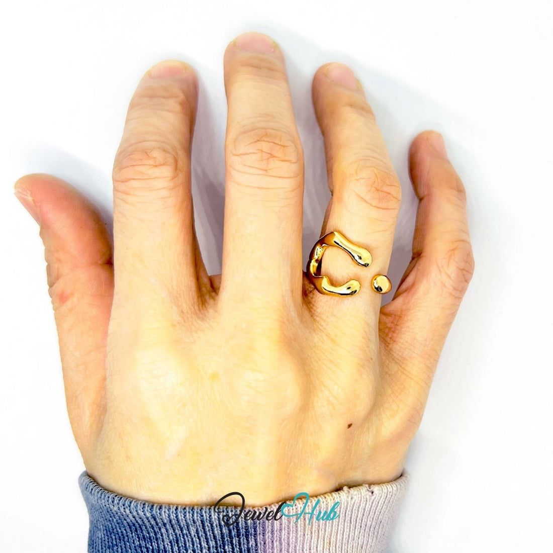 Gold Plated Ring 💛 Flowform Open - End Wavy · UK L · US 6 · Sculptural Minimalism - JewelHub.co.uk