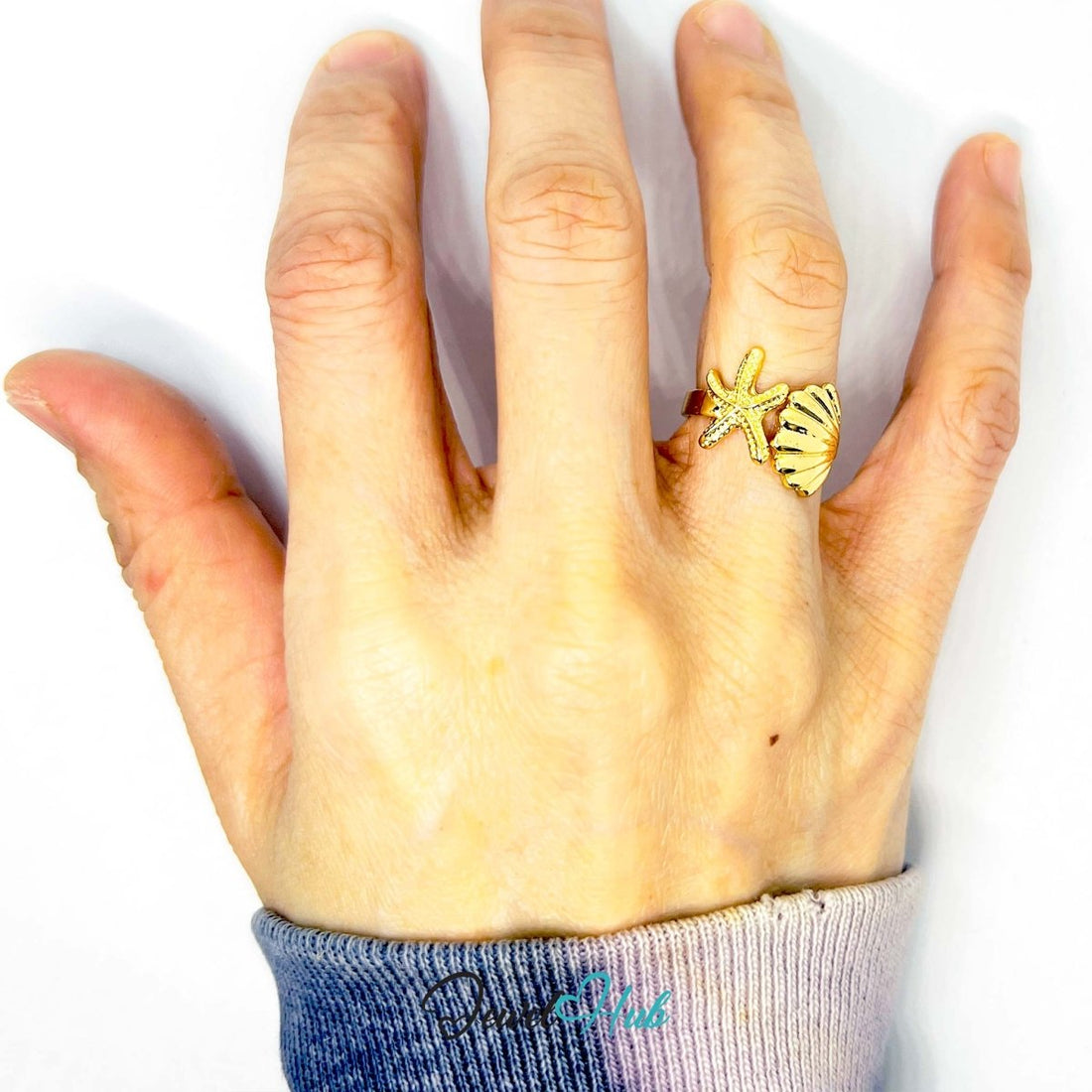 Gold Plated Ring 💛 Sea Duo Starfish & Shell · UK K · US 5.5 · Ocean - Inspired - JewelHub.co.uk