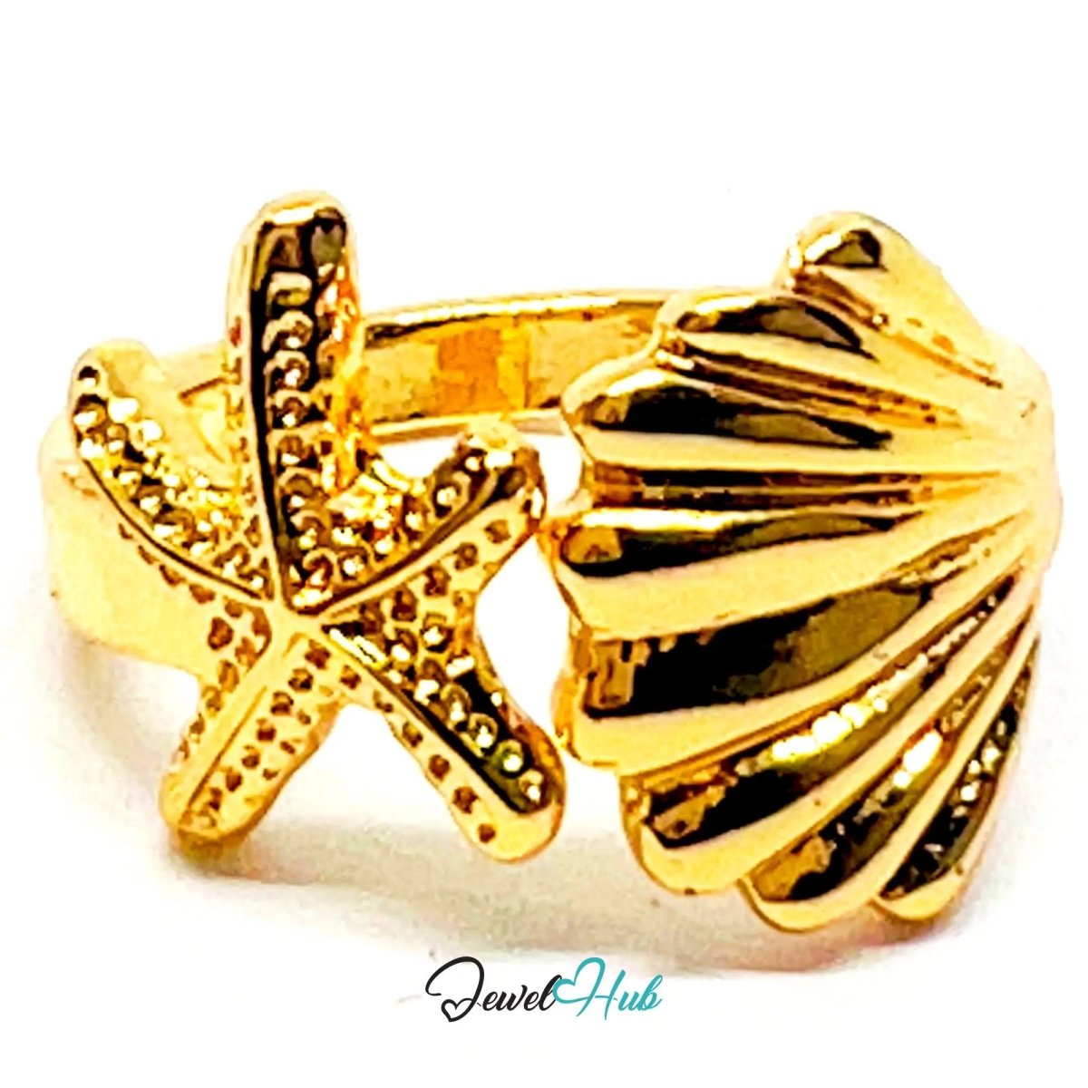 Gold Plated Ring 💛 Sea Duo Starfish & Shell · UK K · US 5.5 · Ocean - Inspired - JewelHub.co.uk