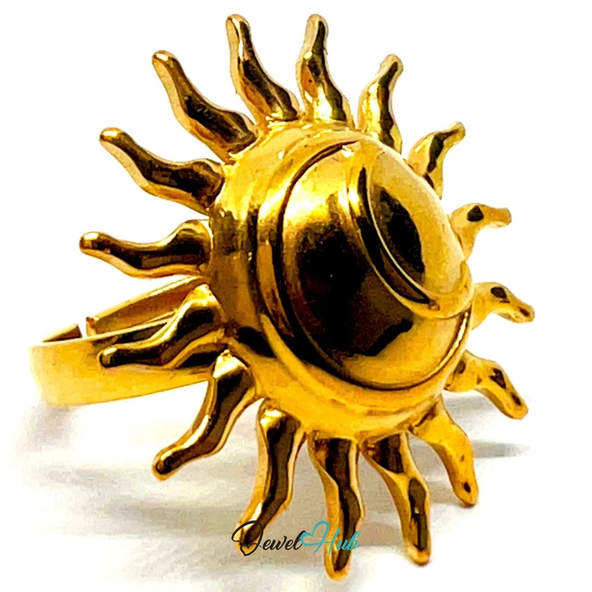 Gold Plated Ring ☀️ Solflare & Sun · Zinc Alloy · UK M · US 7 · Celestial Statement - JewelHub.co.uk