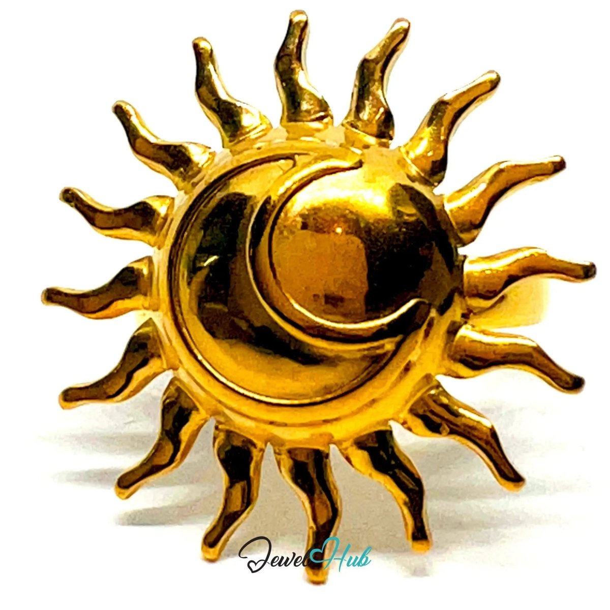 Gold Plated Ring ☀️ Solflare & Sun · Zinc Alloy · UK M · US 7 · Celestial Statement - JewelHub.co.uk