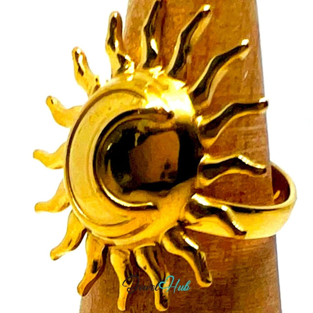 Gold Plated Ring ☀️ Solflare & Sun · Zinc Alloy · UK M · US 7 · Celestial Statement - JewelHub.co.uk