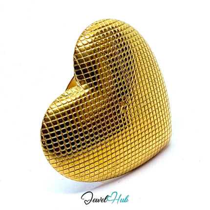 Gold - Plated Ring (Zinc Alloy) Sculptural Heart Grid Design, Gift for Teenagers & Gen Z Jewellery Lovers - JewelHub.co.uk