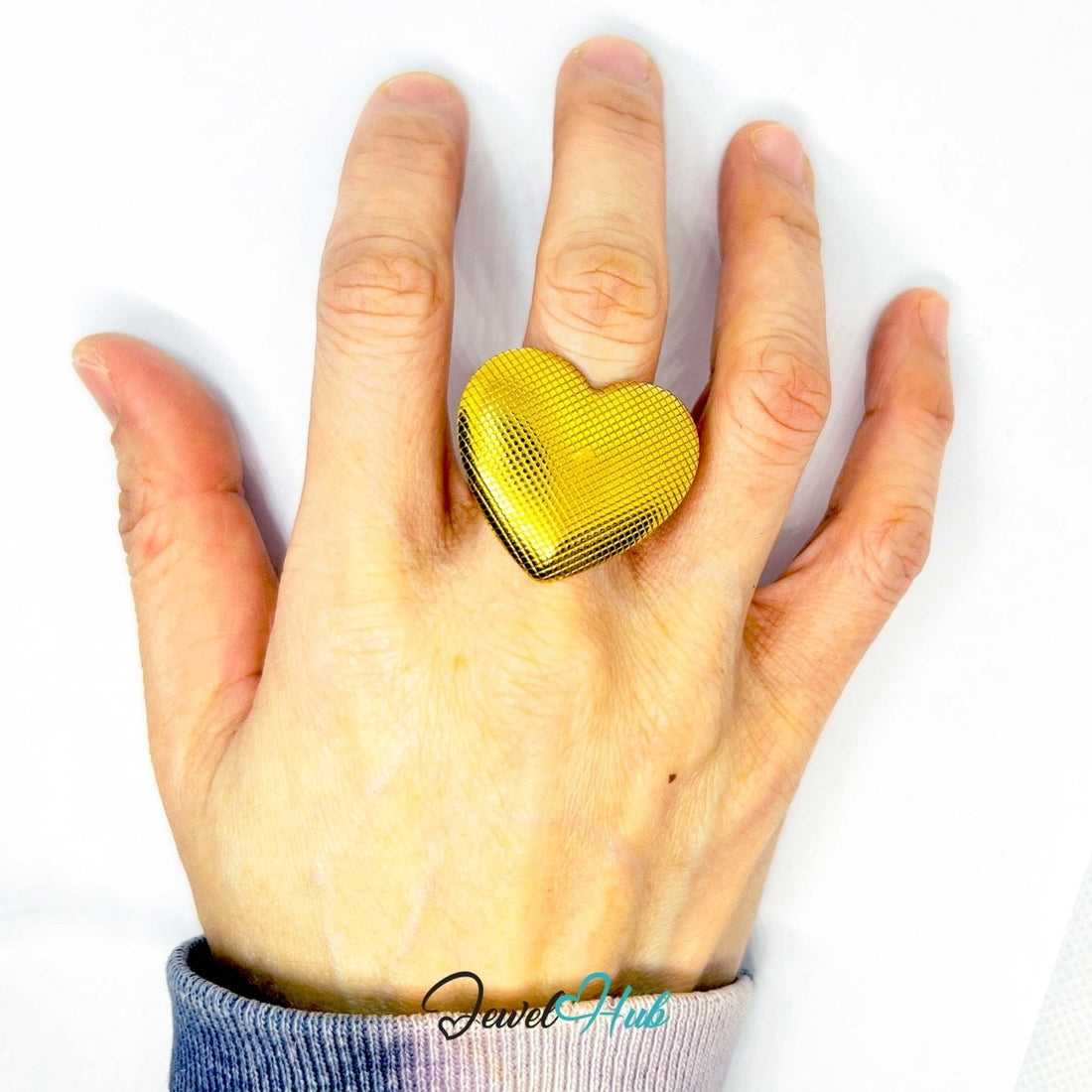 Gold - Plated Ring (Zinc Alloy) Sculptural Heart Grid Design, Gift for Teenagers & Gen Z Jewellery Lovers - JewelHub.co.uk