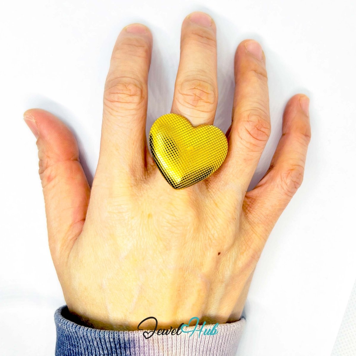 Gold - Plated Ring (Zinc Alloy) Sculptural Heart Grid Design, Gift for Teenagers & Gen Z Jewellery Lovers - JewelHub.co.uk