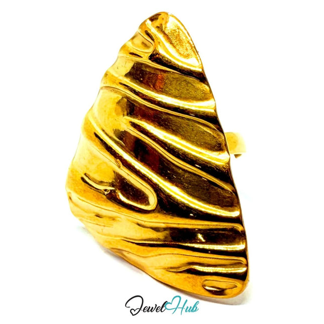 Gold - Plated Sculptural Wave Zinc Ring – Textured Triangle Accent with Adjustable Fit (UK O–Q) - JewelHub.co.uk