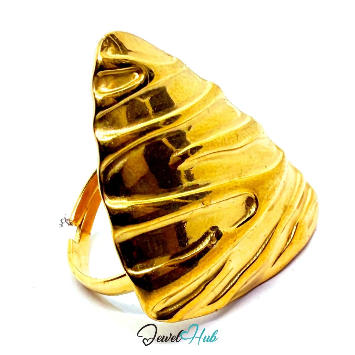 Gold - Plated Sculptural Wave Zinc Ring – Textured Triangle Accent with Adjustable Fit (UK O–Q) - JewelHub.co.uk