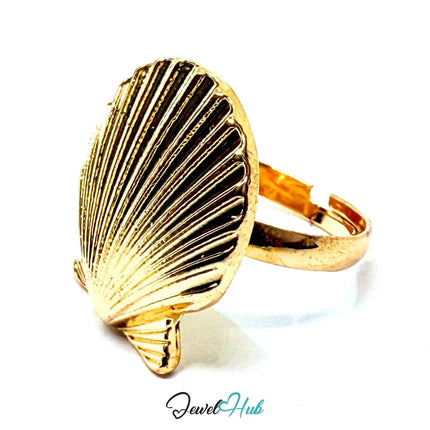Gold - Plated Seashell Zinc Alloy Ring – Adjustable Size O–Q | Coastal - Core Statement Jewellery - JewelHub.co.uk