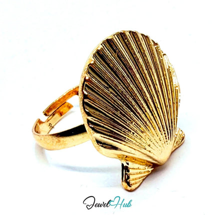 Gold - Plated Seashell Zinc Alloy Ring – Adjustable Size O–Q | Coastal - Core Statement Jewellery - JewelHub.co.uk