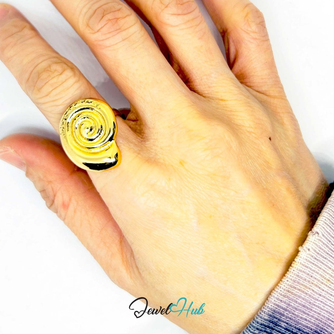 Gold - Plated Spiral Shell Zinc Ring – Textured Swirl Accent with Adjustable Fit (UK O–Q) - JewelHub.co.uk