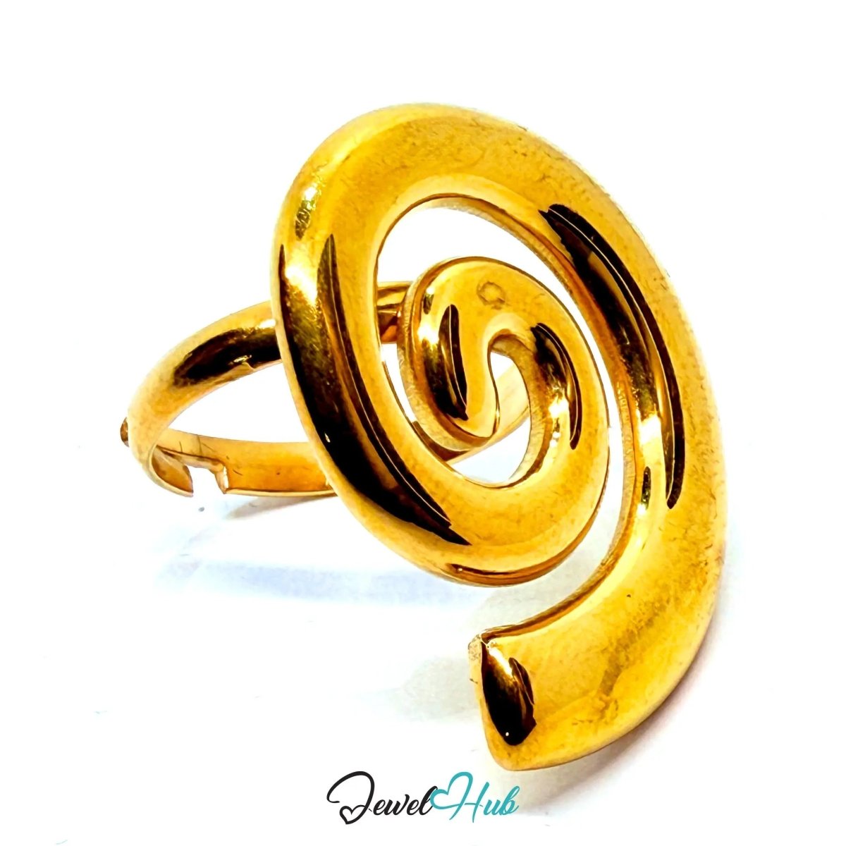 Gold - Plated Spiral Zinc Alloy Ring – Adjustable Statement Coil for Bold Presence | Size P–R - JewelHub.co.uk