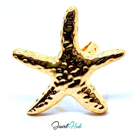 Gold - Plated Starfish Ring – Adjustable Size O–Q | Sculptural Texture for Marine - Core Styling - JewelHub.co.uk