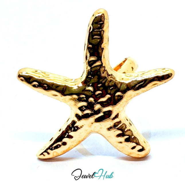 Gold - Plated Starfish Ring – Adjustable Size O–Q | Sculptural Texture for Marine - Core Styling - JewelHub.co.uk