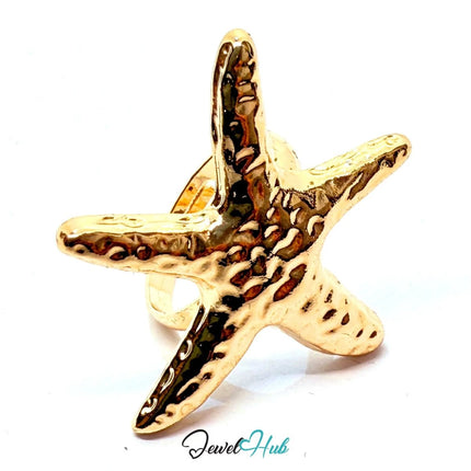 Gold - Plated Starfish Ring – Adjustable Size O–Q | Sculptural Texture for Marine - Core Styling - JewelHub.co.uk