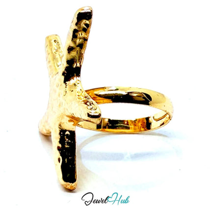 Gold - Plated Starfish Ring – Adjustable Size O–Q | Sculptural Texture for Marine - Core Styling - JewelHub.co.uk