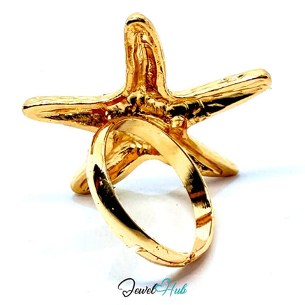 Gold - Plated Starfish Ring – Adjustable Size O–Q | Sculptural Texture for Marine - Core Styling - JewelHub.co.uk