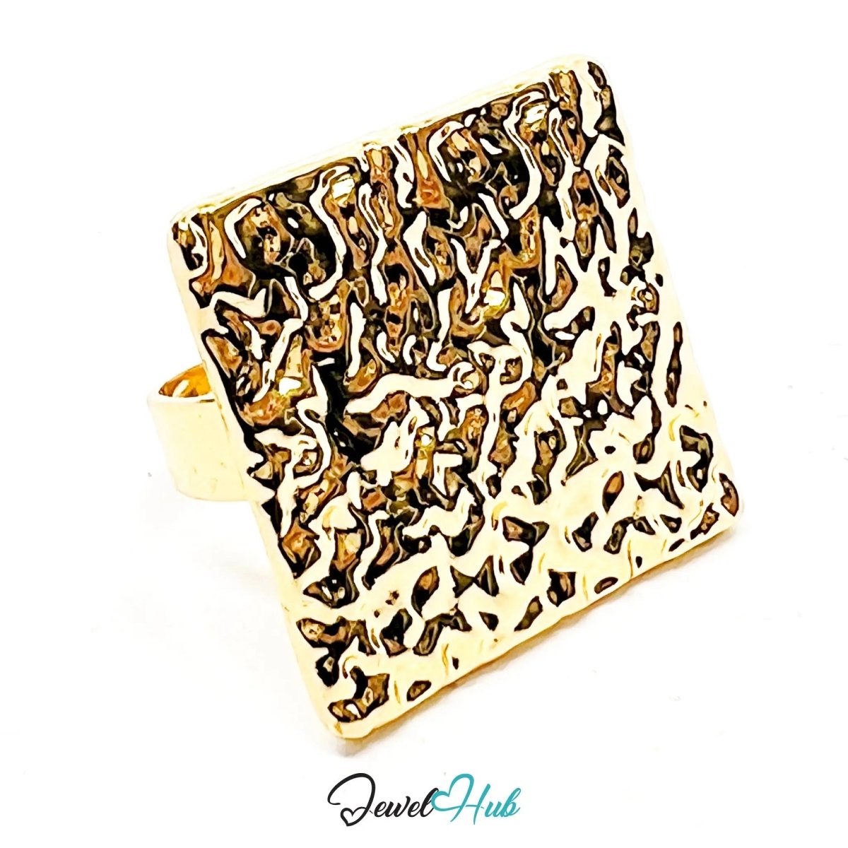 Gold - Plated Textured Square Ring – Adjustable O–Q | Sculptural Surface in 2025 Trend Logic - JewelHub.co.uk