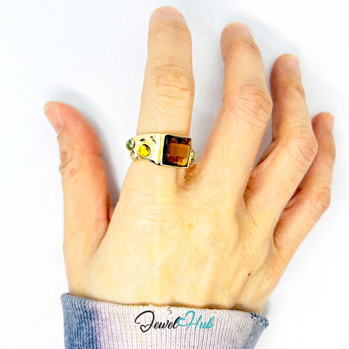 Gold - Plated Zinc Alloy Ring | Brown Gem & Resin | UK P | 4.8g - JewelHub.co.uk