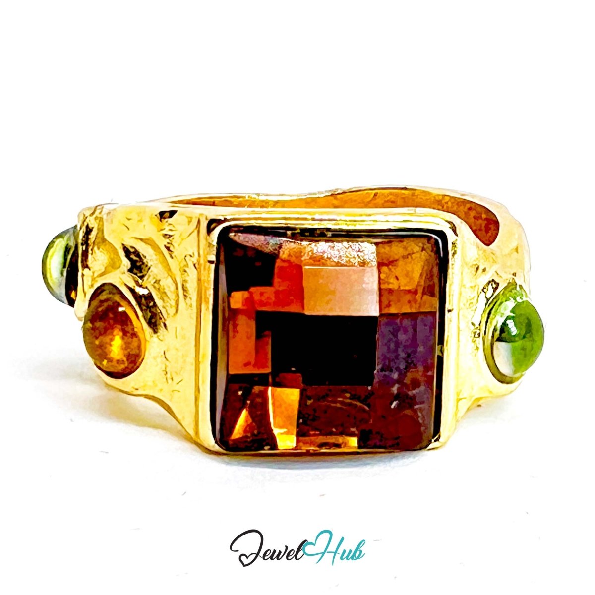 Gold - Plated Zinc Alloy Ring | Brown Gem & Resin | UK P | 4.8g - JewelHub.co.uk