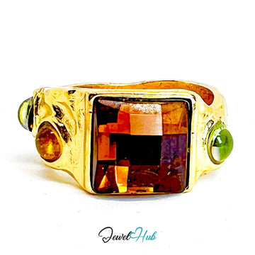 Gold - Plated Zinc Alloy Ring | Brown Gem & Resin | UK P | 4.8g - JewelHub.co.uk