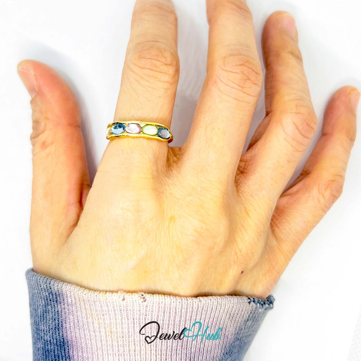 Gold - Plated Zinc Alloy Ring | Colorful Resin Gems | UK O | 1.76g - JewelHub.co.uk