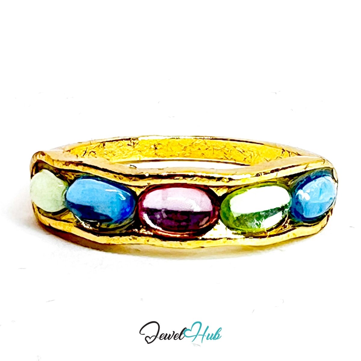 Gold - Plated Zinc Alloy Ring | Colorful Resin Gems | UK O | 1.76g - JewelHub.co.uk
