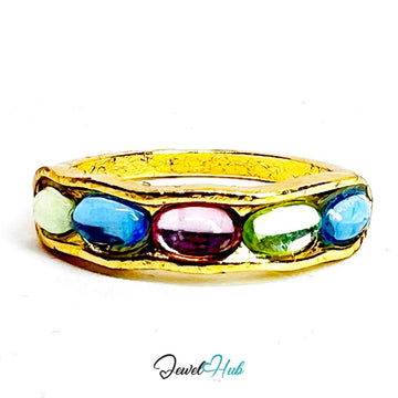 Gold - Plated Zinc Alloy Ring | Colorful Resin Gems | UK O | 1.76g - JewelHub.co.uk