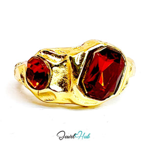 Gold - Plated Zinc Alloy Ring | Dual Brown Gems | UK N - O | 3.8g - JewelHub.co.uk