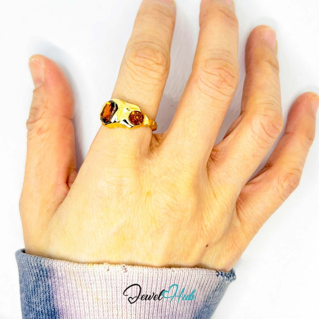 Gold - Plated Zinc Alloy Ring | Dual Brown Gems | UK N - O | 3.8g - JewelHub.co.uk