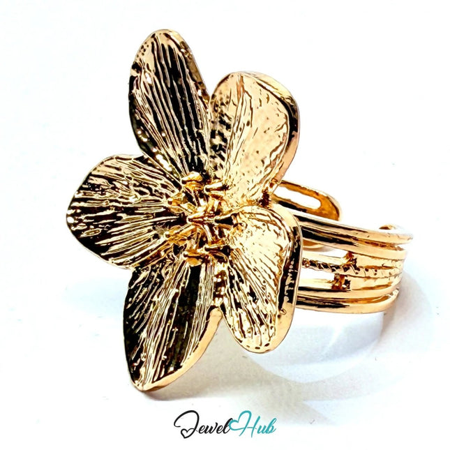 Gold - Plated Zinc Alloy Ring – Sculptural Floral Statement, Gift for Teenagers & Nature - Inspired Jewellery Lovers - JewelHub.co.uk