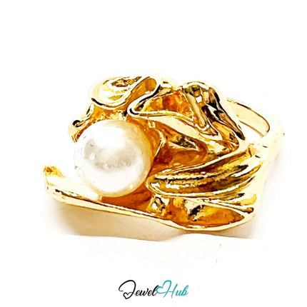 Gold - Plated Zinc Ring with Sculptural Pearl – Abstract Jewellery for Textural Presence - Fixed size L - JewelHub.co.uk