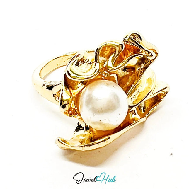Gold - Plated Zinc Ring with Sculptural Pearl – Abstract Jewellery for Textural Presence - Fixed size L - JewelHub.co.uk