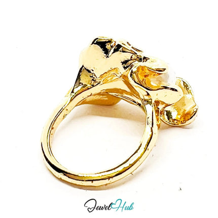 Gold - Plated Zinc Ring with Sculptural Pearl – Abstract Jewellery for Textural Presence - Fixed size L - JewelHub.co.uk