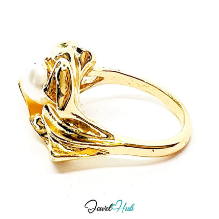 Gold - Plated Zinc Ring with Sculptural Pearl – Abstract Jewellery for Textural Presence - Fixed size L - JewelHub.co.uk