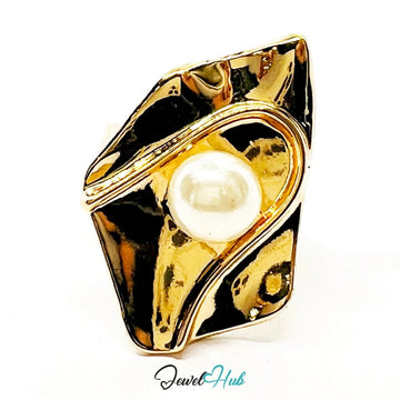 Gold - Plated Zinc Ring with Sculptural Pearl – Abstract Statement for Textural Jewellery Lovers - JewelHub.co.uk